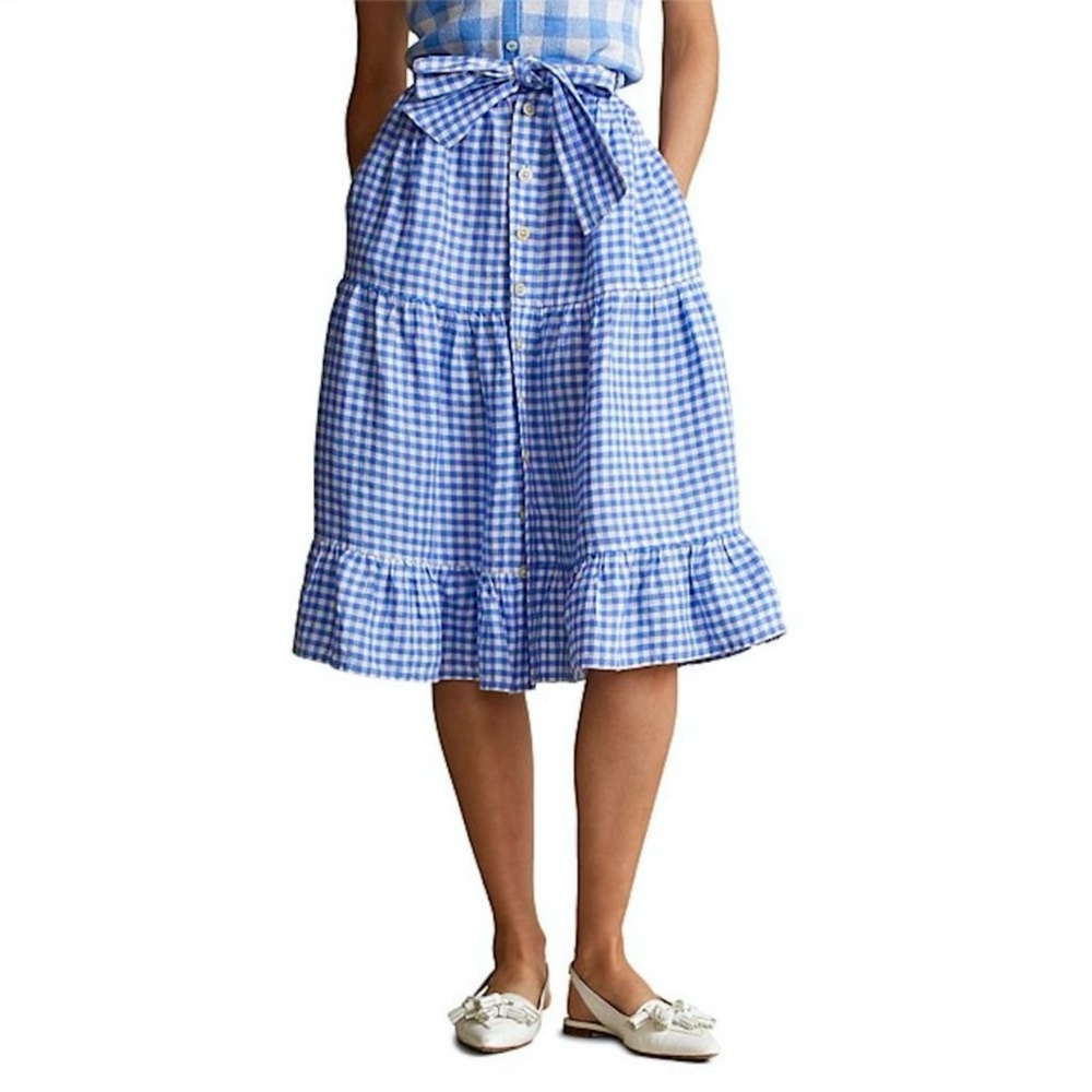 NEW POLO Ralph Lauren Blue Gingham Linen Skirt Tiered